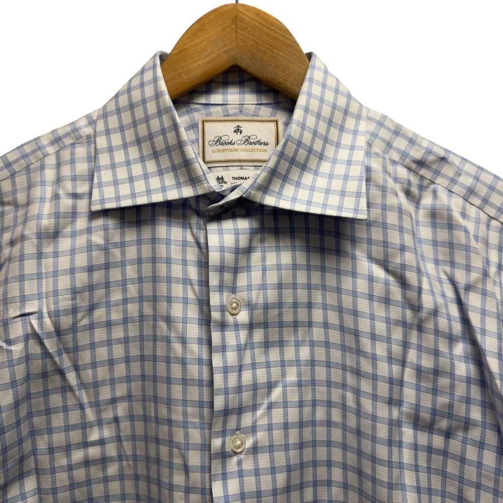 Brooks Brothers x Thomas Mason Men's 15.5/35 White/Blue Plaid Luxury Dress Shirt